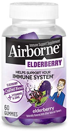 Airborne Elderberry Gummies - Gluten-Free Immune Support Supplement With Vitamins C, D, E & Zinc No Artificial Sweeteners & No Color Added, 300mg (per serving) , 60 count in a bottle.