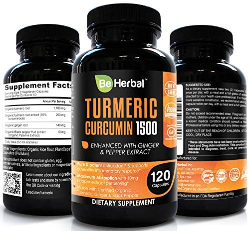 BE HERBAL Organic Turmeric Curcumin 1500mg with Ginger & Black Pepper - The Most Potent Certified Organic Turmeric Curcumin Supplement with 95% Curcuminoids - 120 Veg Capsules