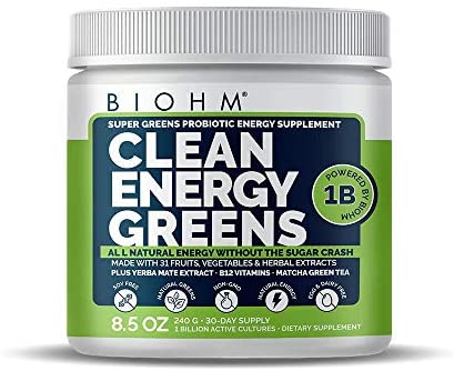 BIOHM Clean Energy Greens - 30 Servings - with Probiotics, Super Greens Superfood, 31 Natural Fruit, Vegetable and Herbal Extracts - All Natural Energy Powder Without Sugar Crash - Non-GMO