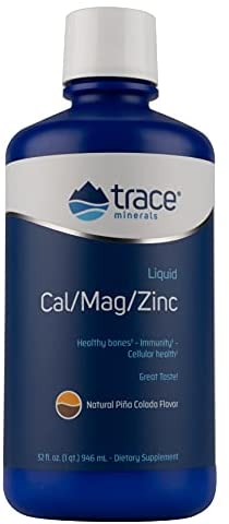 Trace Minerals Liquid Cal/Mag/Zinc, 32-Ounce, Pina Colada Flavor, Calcium, Magnesium, Zinc, Ionic Trace Minerals, Vitamin D, Tissue Health, Muscle, Bone Density