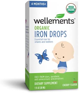 Wellements Organic Iron Drops, 1 Fl Oz, Liquid Iron Vitamin Supplement for Infants and Toddlers, Free from Dyes, Parabens, Preservatives