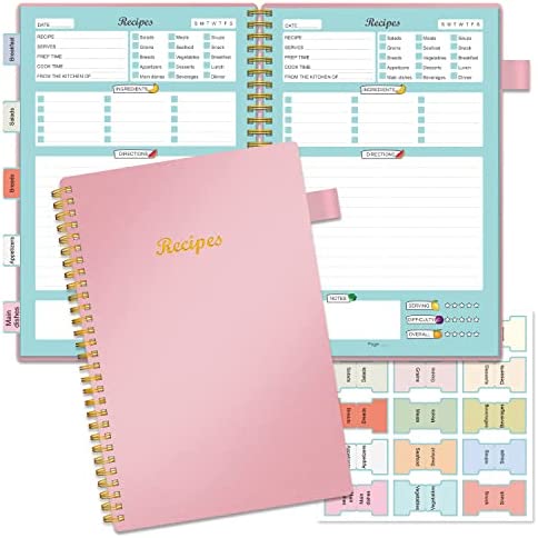 Recipe Book to Write in Your Own Recipes, Blank Recipe Notebook with 15 Tabs for Family Cooking Lover, 120 Pages Recipe Organizer, 7 x 10", Pink