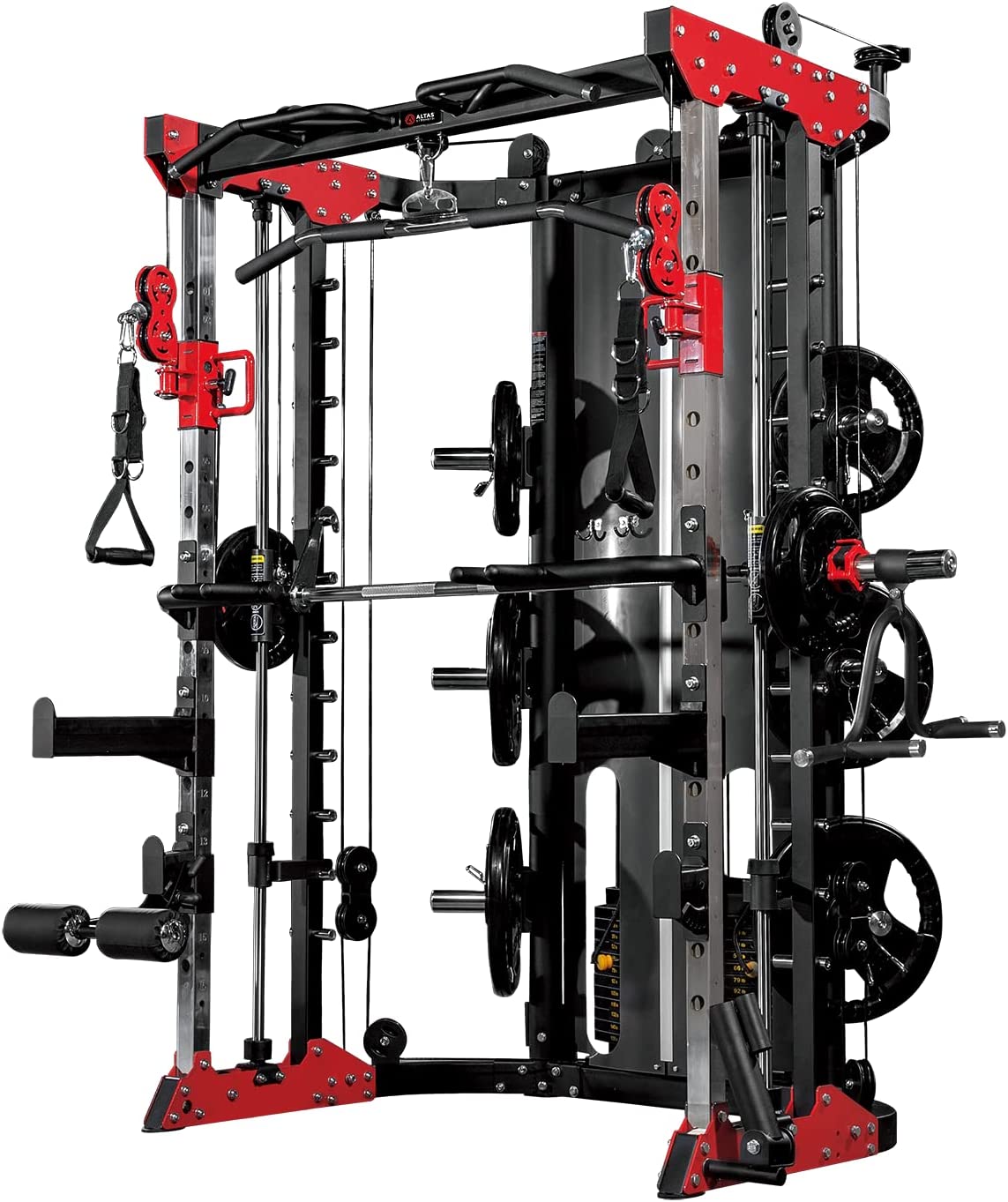 ALTAS STRENGTH Home Gym Smith Machine with Pulley System Gym Squat Rack Pull Up Bar Upper Body Strength Training Leg Developer Commercial Fitness Equipment Included Accessories 3058