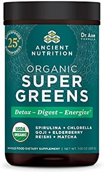 Ancient Nutrition Super Greens Powder, Organic Superfood Powder with Probiotics Made with Spirulina, Chlorella, Matcha, and Digestive Enzymes, 25 Servings, 7.05oz