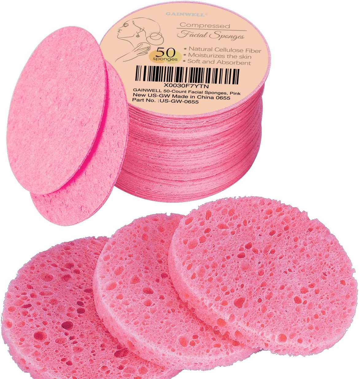 GAINWELL 50-Count Compressed Facial Sponges for Daily Facial Cleansing and Exfoliating, 100％ Natural Cosmetic Spa Sponges for Makeup Remover, Reusable, Pink