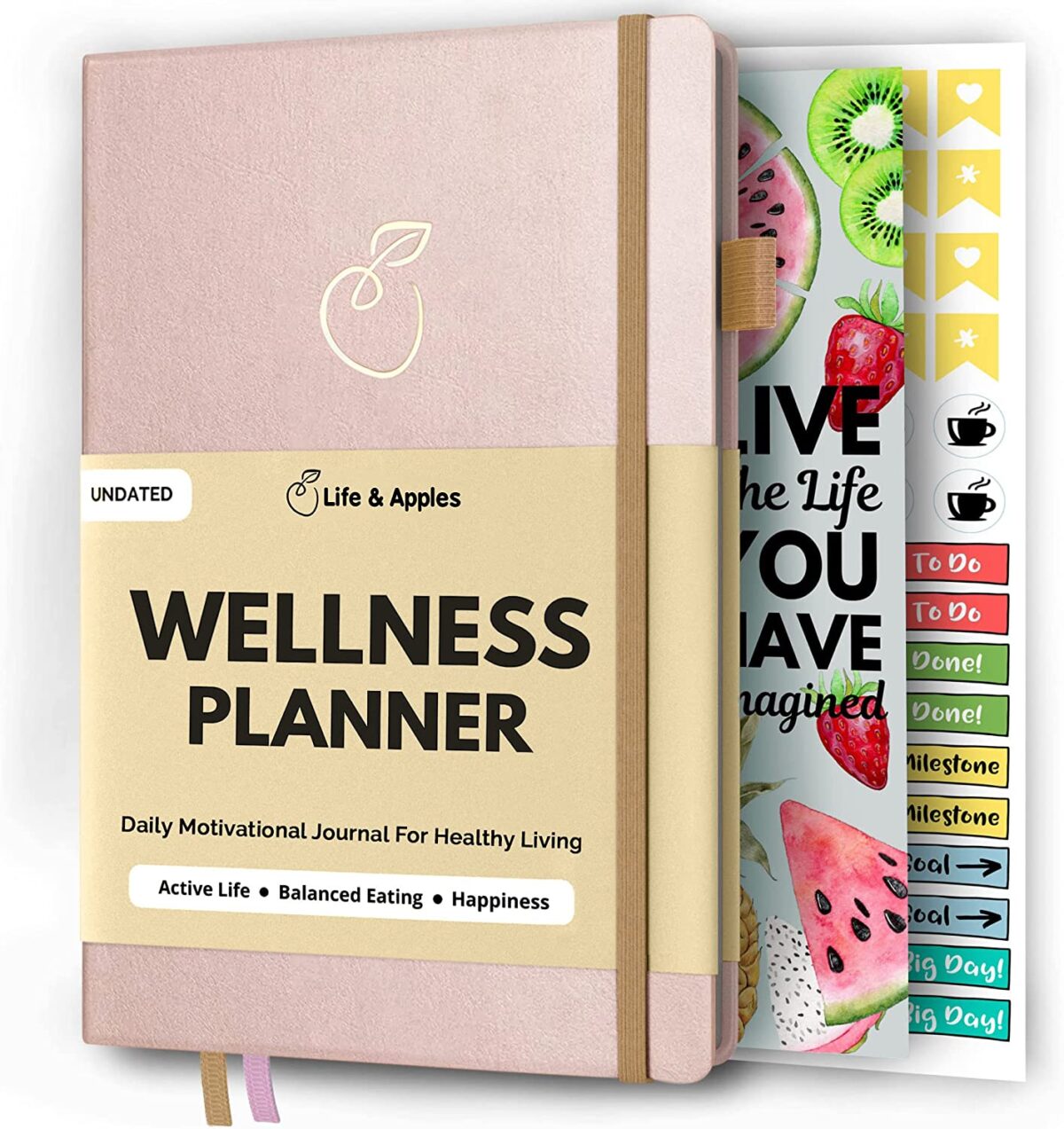 Life & Apples Wellness Planner – Food Journal and Fitness Diary with Daily Gratitude and Meal Planner for Healthy Living and Self-Care – Track Weight Loss Diet and Health Goals – Undated, Rose Gold