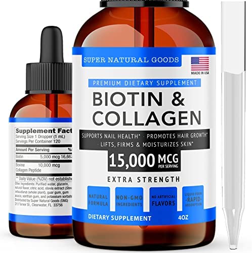 Liquid Biotin & Collagen Hair Growth Drops 15,000mcg - Supports Hair Growth, Radiant Skin, Strong Nails - Healthy Skin, Nail & Hair Supplement - High Potency Supplements - Vitamins for Women & Men