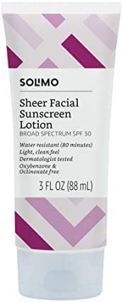 Amazon Brand - Solimo Sheer Face Sunscreen SPF 30, Reef Friendly (Octinoxate & Oxybenzone Free), 3.0 Fluid Ounce