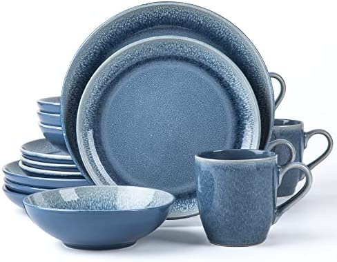 Arora FAIT Round Stoneware 16pc Dinnerware Set for 4, Dinner Plates, Side Plates, Cereal Bowls, Mugs - Reactive Glaze Blue (463014)
