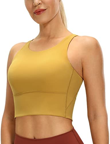 CRZ YOGA High Neck Longline Sports Bra for Women - V-Back Cropped Tank Tops Wireless Padded Workout Yoga Bras