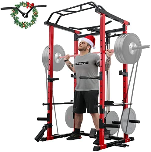 ER KANG Power Cage, 1200LBS Power Rack with LAT Pulldown, Multi-Function Squat Cage, Weight Cage with Pulley System Squat Rack for Home Gym with Training Attachment