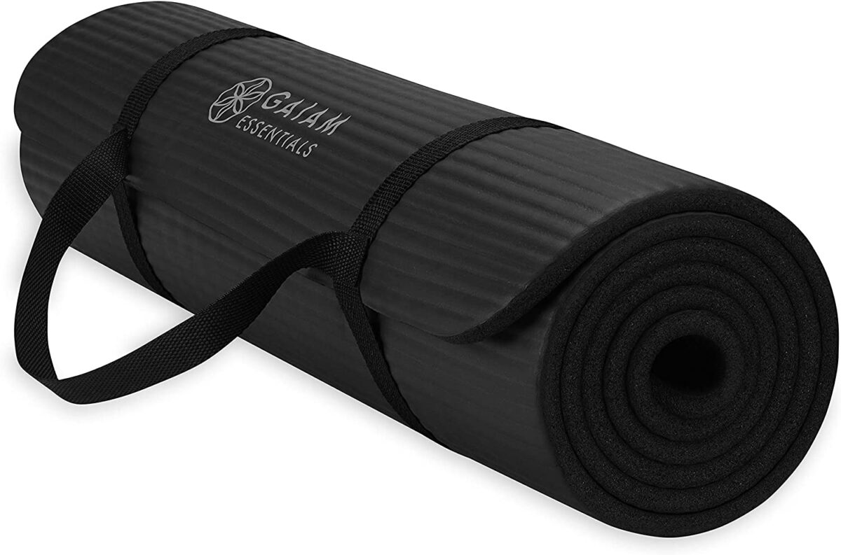 Gaiam Essentials Thick Yoga Mat Fitness & Exercise Mat with Easy-Cinch Yoga Mat Carrier Strap, 72"L x 24"W x 2/5 Inch Thick