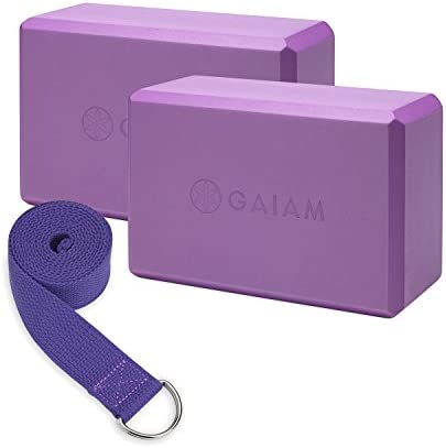 Gaiam Essentials Yoga Block 2 Pack & Yoga Strap Set, Deep Purple, 9" W x 6" H x 4" D