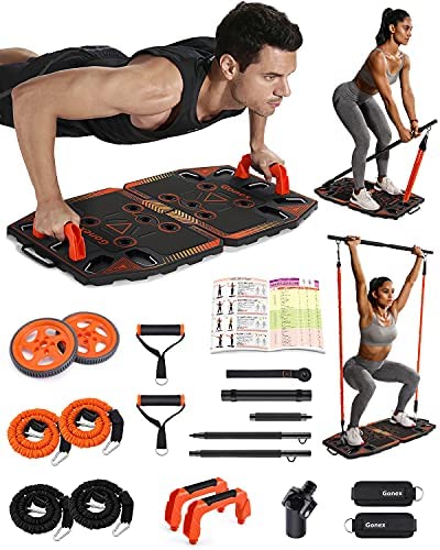 Gonex Portable Home Gym Workout Equipment with 14 Exercise Accessories Ab Roller Wheel,Elastic Resistance Bands,Push-up Stand,Post Landmine Sleeve and More for Full Body Workouts System