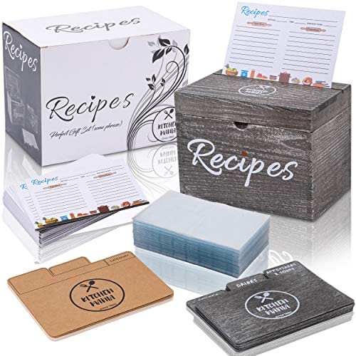 KitchenMania Wood Recipe Box with Cards,Wood Dividers 4x6 Vintage Style Set,100 Double Sided Recipe Cards,100 Recipe Card Protectors,Cute Gift for Grandma Mom Women Wedding Bridal Shower Rustic Black