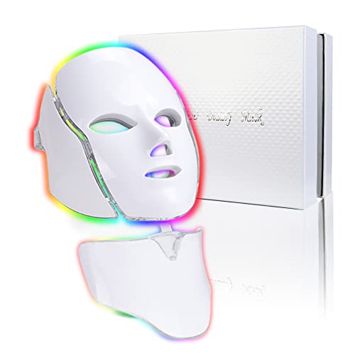 Led Face Mask Light Therapy - 7 Color Photon Blue & Red Light Maintenance Skin Rejuvenation Facial Skin Care Mask, Home Skin Care Mask for Face and Neck