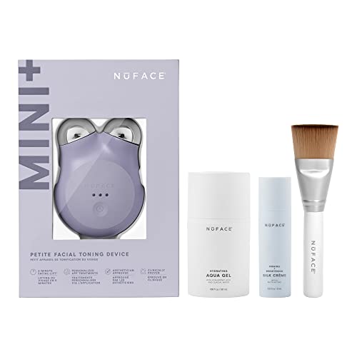 NuFACE MINI+ Starter Kit – Petite Facial Toning Device with Aqua Gel Activator 1.69 Oz, Silk Crème Activator 0.5 Oz + Clean Sweep Applicator Brush