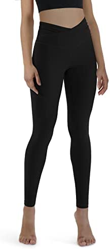 ODODOS Women's Cross Waist Yoga Leggings with Inner Pocket, Sports Gym Workout Running Pants -Inseam 25" /28"