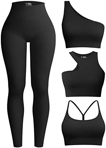 OQQ Womens 4 Piece Workout Outfits Ribbed Yoga High Waist Leggings with 3 Piece Crop Tops with Sports Bra Exercise Set