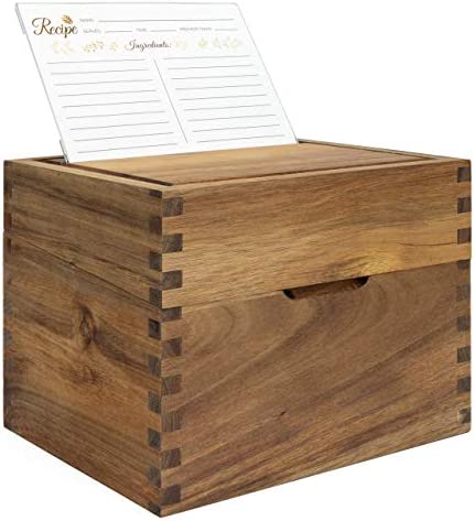 Recipe Box with Cards and Dividers 4x6 - Wooden Recipe card box set includes an acrylic recipe card holder, 50 premium recipe cards and 12 dividers - Large recipe box with 2 adjustable compartments