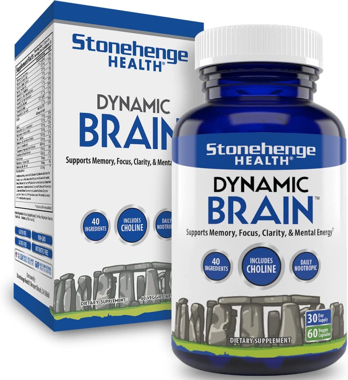 Stonehenge Health Dynamic Brain Supplement – Memory, Focus, & Clarity– Formulated with 40 Unique Nootropic Ingredients: Choline, Phosphatidylserine, Bacopa Monnieri, and Huperzine A