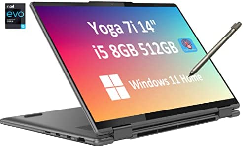 2022 Lenovo Yoga 7i 14" (2240x1400) 2-in-1 Touchscreen (Intel 12th Gen i5-1235U, 8GB LPDDR5 RAM, 512GB PCIe SSD, Active Stylus) Business Laptop, 2 x Thunderbolt 4, Backlit KB, Fingerprint, Win 11 Home