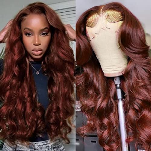 Beauty Forever #33B Reddish Brown Body Wave 13X4 Lace Front Wig Human Hair Wigs Glueless Wig Pre Plucked With Baby Hair, 18 Inch Pre Colored Dark Auburn Brownish Lace Frontal Wig Copper Red Color 150% Density