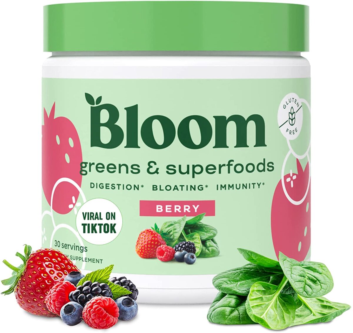 Bloom Nutrition Super Greens Powder Smoothie & Juice Mix – Probiotics for Digestive Health & Bloating Relief for Women, Digestive Enzymes with Superfoods Spirulina & Chlorella for Gut Health (Berry)