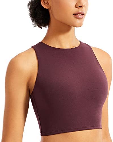 CRZ YOGA Women's High Neck Longline Sports Bra - Padded Racerback Yoga Bra Crop Tank Top with Built in Shelf Bra