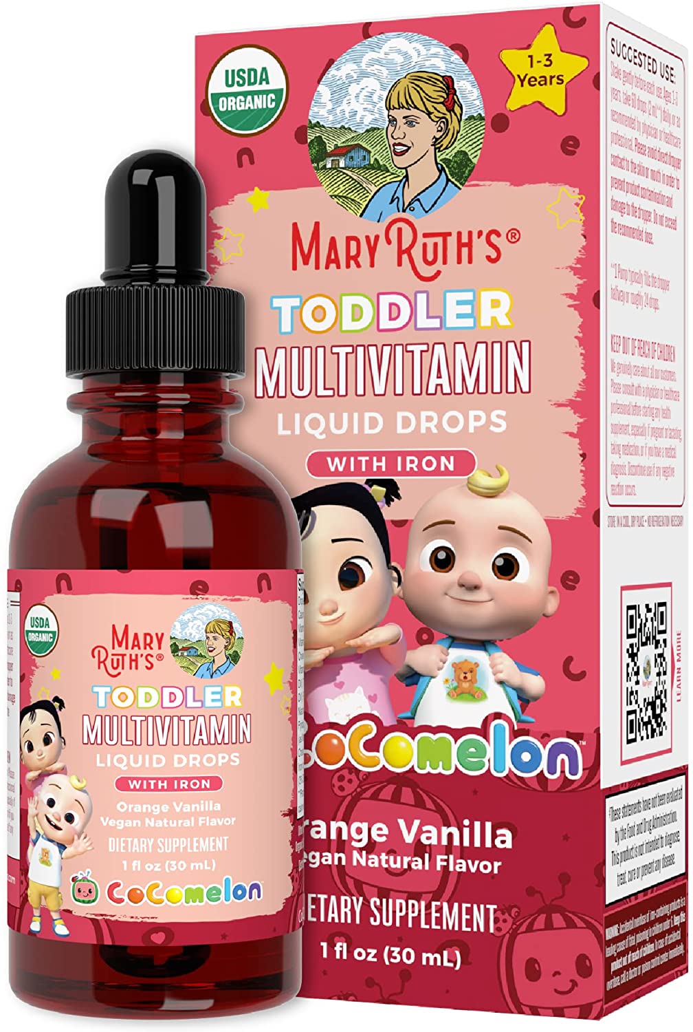 Cocomelon Multivitamin & Multimineral with Iron for Toddlers by MaryRuth's | USDA Organic | Sugar Free | Multivitamin Liquid Drops for Kids Ages 1-3 | Immune Support | Vegan | Non-GMO | 1 Fl Oz