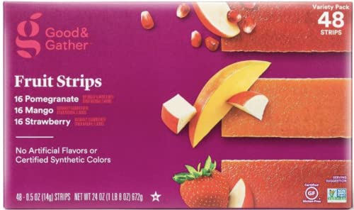 Fruit Strips Pomegranate, Mango and Strawberry Fruit Leathers Healthy Snack Made with Real Fruit Puree Concentrate Good and Gather Variety Pack 48 Strips, Set of 2