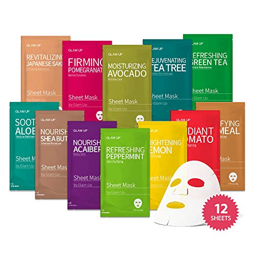 GLAM UP Sheet mask Facial Sheet Mask 12 Combo (Pack of 12) - Face Masks Skincare, Hydrating Face Masks, Moisturizing, Brightening and Soothing, Beauty Mask For All Skin Type