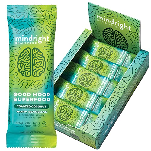 MINDRIGHT Superfood Vegan Protein Bars | Gluten Free Non-Gmo Low Sugar | All Natural Brain Food Healthy Snack To Help Enhance Mood, Energy & Focus (Toasted Coconut,12 Pack)