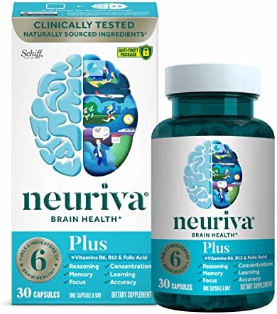 NEURIVA Plus Brain Supplement For Memory, Focus & Concentration + Cognative Function with Vitamins B6 & B12 and Clinically Tested Nootropics Phosphatidylserine and Neurofactor, 30ct Capsules