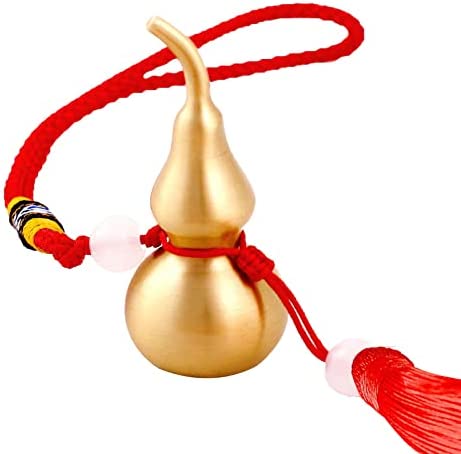 PAKUNDAS Feng Shui Hanging Ornaments Decor,Wu Lou Golden Gourd,with Red Luck Strip Tassel Treasure for Ideal Car Pendant,Bedroom,Door,Desk lamp,Bring Good Luck,Safty,Healthy,2.16inch Tall,Full Brass