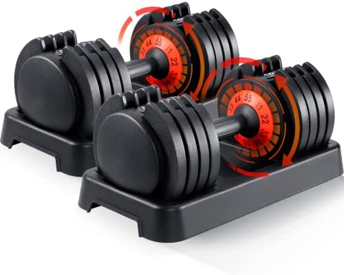 SKOK Adjustable Dumbbells Set, 25LB 55LB Adjustable Dumbbell Weight Set for Men and Women with Anti-Slip Fast Adjust Weight by Turning Handle,Black Dumbbell with Tray Suitable for Full Body Workout Fitness