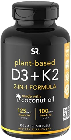 Sports Research Vitamin D3 + K2 with 5000iu of Plant-Based D3 & 100mcg of Vitamin K2 as MK-7 | Non-GMO Verified & Vegan Certified (120ct)