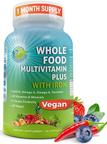 Vegan Whole Food Multivitamin with Iron, Daily Multivitamin for Women and Men, Organic Fruits & Vegetables, B-Complex, Probiotics, Enzymes, CoQ10, Omegas, Turmeric, All Natural, Non-GMO, 90 Count