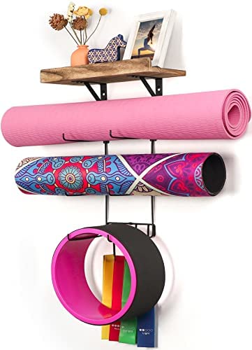 Yoga Mat Holder Wall Mount Yoga Mat Storage Home Gym Accessories with Wood Floating Shelves and 4 Hooks for Hanging Foam Roller and Resistance Bands at Fitness Class or Home Gym