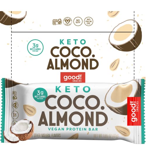 good! Snacks Keto Vegan Protein Bars, Coconut Almond, Gluten Free Keto Snack Bar, Low Carb, Low Sugar Meal Replacement, High Protein Healthy Snacks, 10g Protein, 3g Net Carbs, 12 Bars