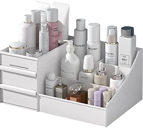 skin care organizer,Makeup Desk Organizer With Drawers,Countertop Organizer for Cosmetics,Vanity brush with Holder for Lipstick, Brushes, Eyeshadow, and Jewelry Desktop Finishing Dresser (White)