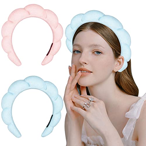 2Pcs Headband for Women, Sponge Spa Headband for Washing Face, Skincare Headbands Terry Cloth Makeup Padded Headband for Washing Face Makeup Removal Yoga Shower Skincare, Head Wraps Hair Accessory(Pink Blue)