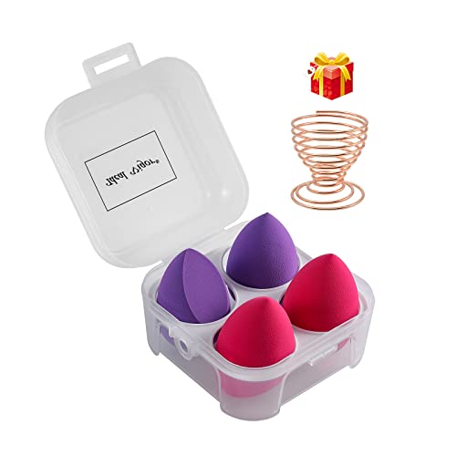 4 Pcs Makeup Sponges Blender Set, Beauty Blenders Sponge For Foundation Blender with Case and 1 Holder, Flawless for Liquid, Cream, and Powder, Multi-colored Makeup Sponges (4PCS, Magenta + Purple)