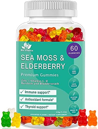 BIO VITALICA Sea Moss Gummies Elderberry BioVitalica - Vitamin C D + Zinc - Irish Seamoss Vegan Gummy with Sea Moss Gel & Powder for Immunity, Detox & Energy - for Adults and Kids