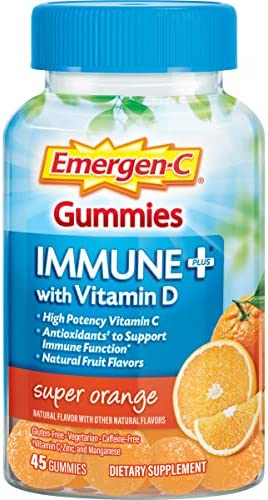 Emergen-C Immune+ Immune Gummies, Vitamin D plus 750 mg Vitamin C, Immune Support Dietary Supplement, Caffeine Free, Gluten Free, Super Orange Flavor - 45 Count