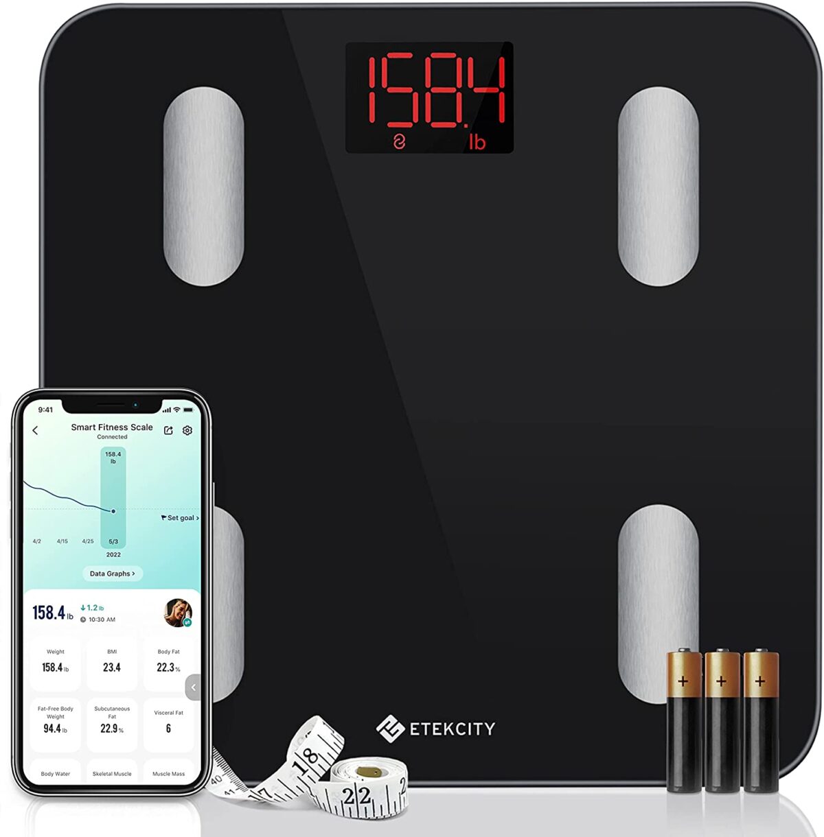 Etekcity Scales for Body Weight, Bathroom Digital Weight Scale for Body Fat, Smart Bluetooth Scale for BMI, and Weight Loss, Sync 13 Data with Other Fitness Apps, Black, 11x11 Inch