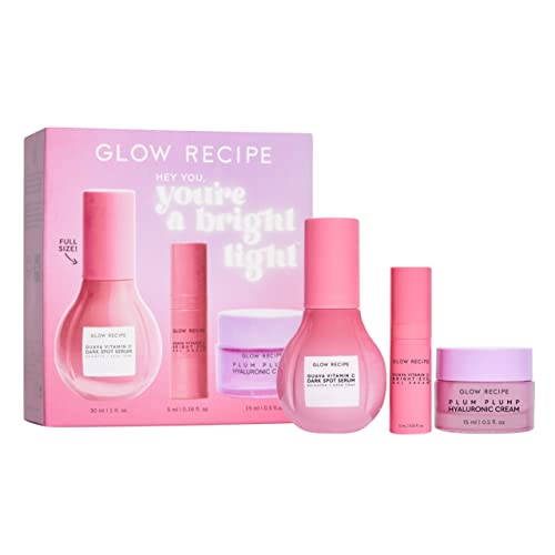 Glow Recipe Hey You, You're a Bright Light Kit - Guava Vitamin C Dark Spot Serum (30ml) Guava Vitamin C Bright-Eye Gel Cream (5ml) + Plum Plump Hyaluronic Cream (15ml) to Fade Spots & Plump Skin