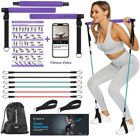 Goocrun Portable Pilates Bar Kit with Resistance Bands for Men and Women - 6 Exercise Resistance Bands (15, 20, 30 LB) - Home Gym Equipment - Supports Full-Body Workouts – with Video