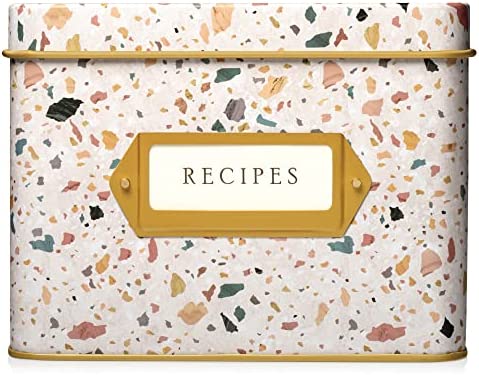 Jot & Mark Decorative Recipe Tin Box for Recipe Cards, Greeting Card Holder | Holds Hundreds of 4” x 6” Cards (Terrazzo)