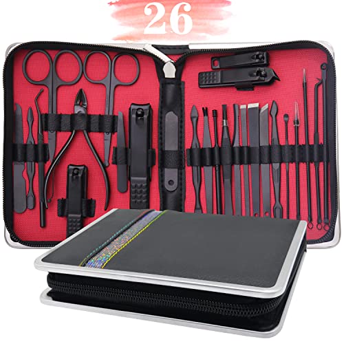 Manicure Set - 26 Pieces Manicure Pedicure Kit Professional Nail Clippers Set, Stainless Steel Nail Care Kit Pedicure Set For Women Men Black